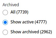 The Archived filter on the search results page. It has three options - All, Show archived and Show active